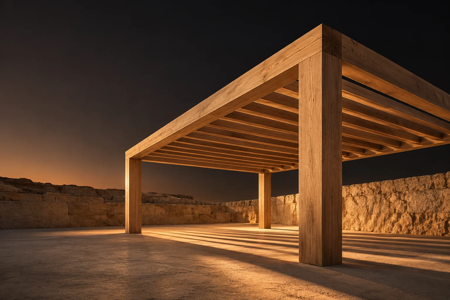 Illustrative timber pavilion with straight posts, parallel rafters and long warm shadows