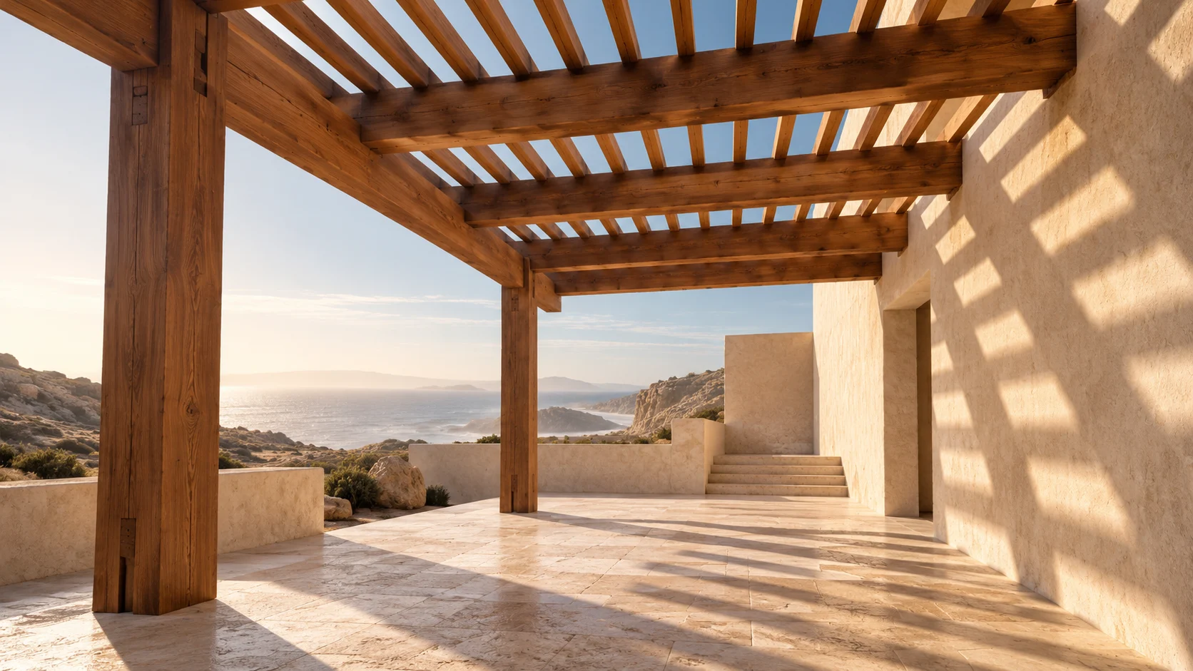 AI architectural illustration of a timber pergola and its shadows in a coastal courtyard