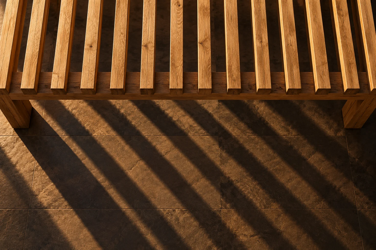 Illustrative overhead pergola study: ordered timber rafters casting diagonal shadows onto dark stone