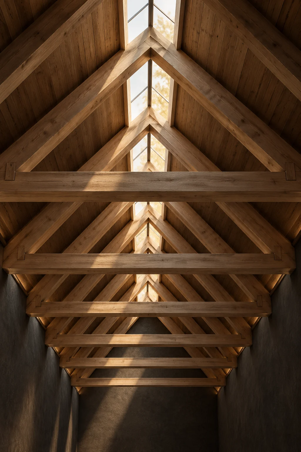 Illustrative timber gable roof, with repeated triangular frames and light along the ridge