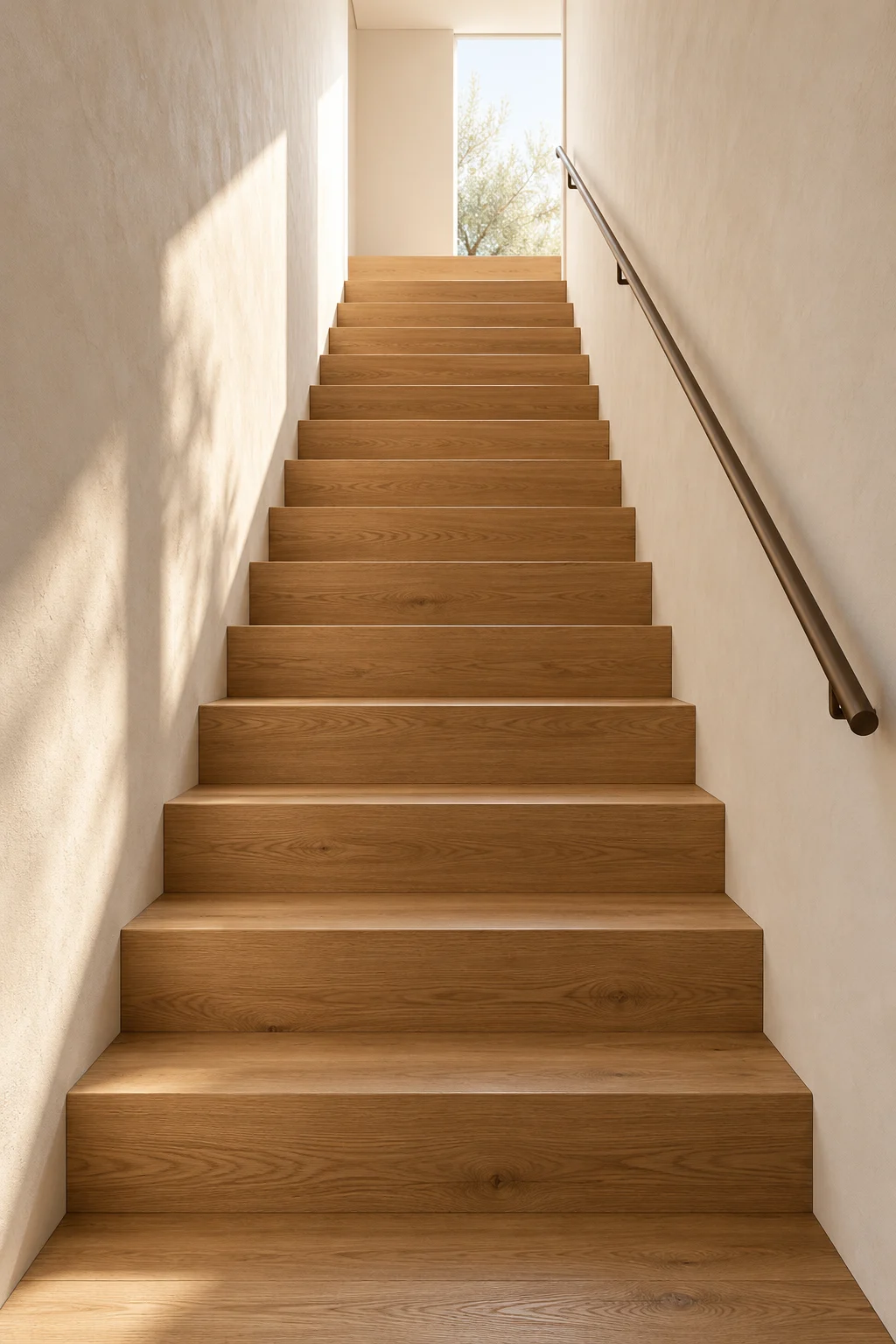 Illustrative straight timber staircase between ivory walls, leading to a level upper landing